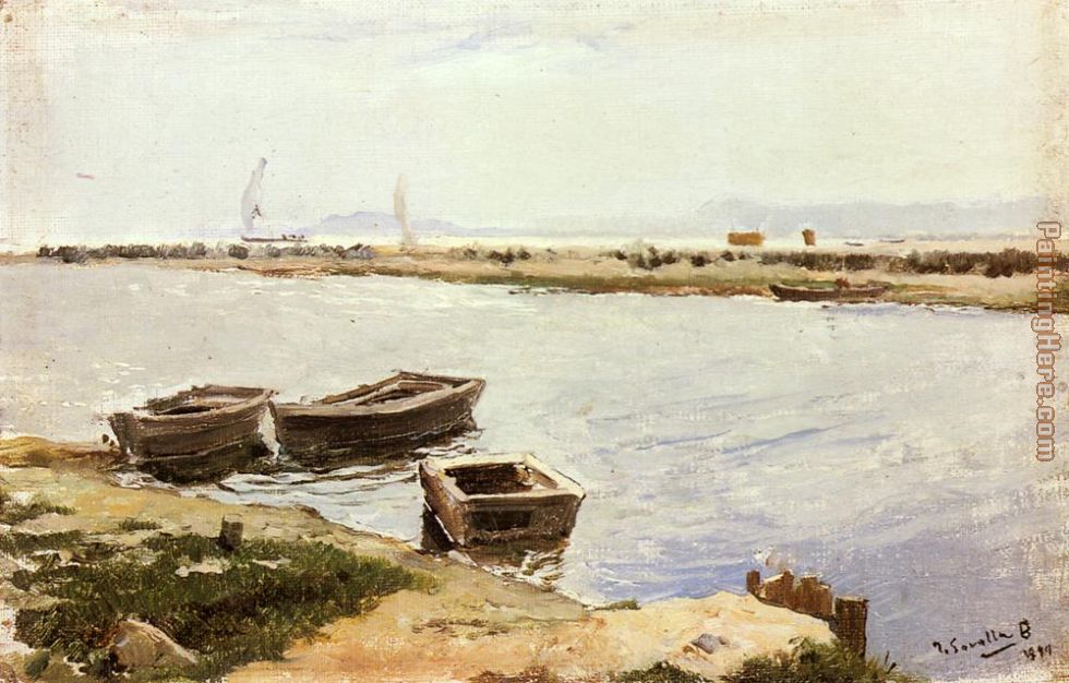 Three Boats By A Shore painting - Joaquin Sorolla y Bastida Three Boats By A Shore art painting